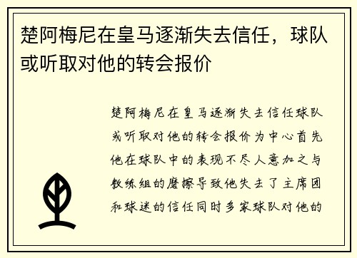 楚阿梅尼在皇马逐渐失去信任，球队或听取对他的转会报价